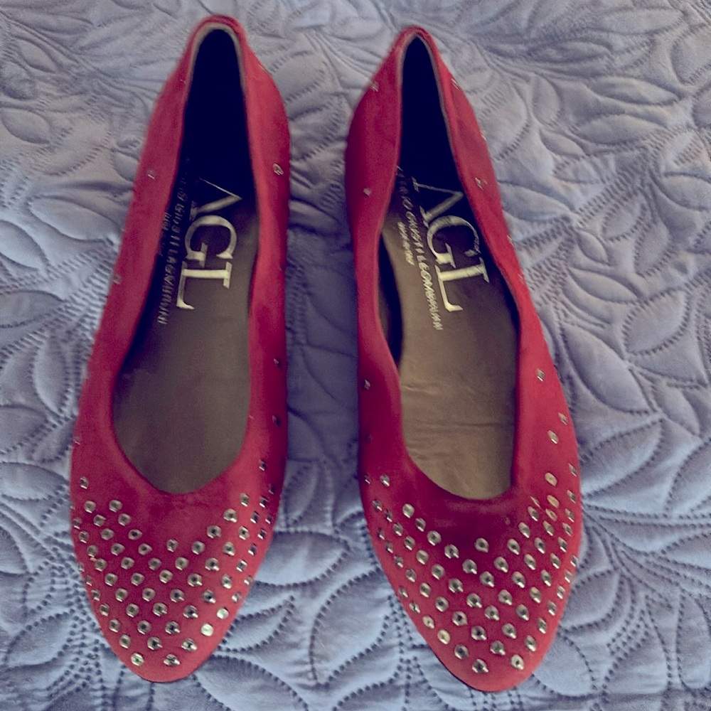 AGL flats. Size 38. Lighter burgundy color. Suede leather  with brass studs.